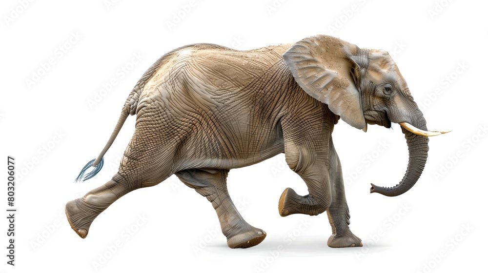 Fototapeta premium African Elephant in Motion, Isolated on White, Lifelike Details. Ideal for Educational Content and Wildlife Illustration. 3D Render Image by AI