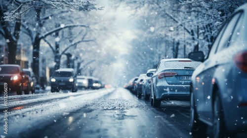 Snowy city street with parked cars