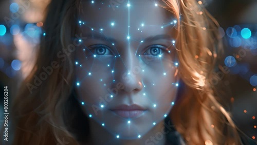 Close-up of a woman with digital facial mapping points on her face.