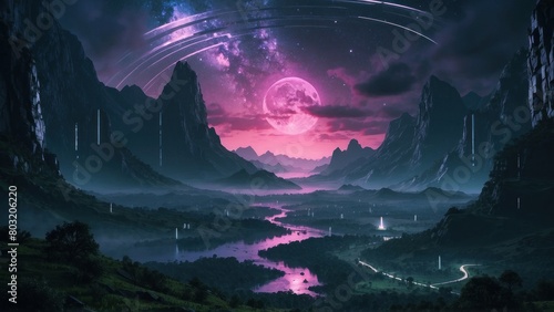 Illustration of fantasy land and mountains on purple moon background
