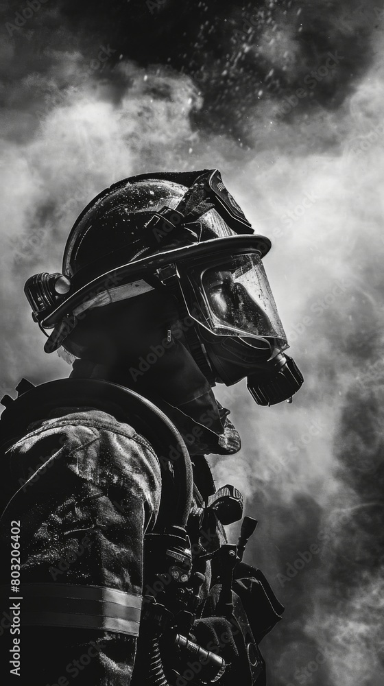 Black and white image of a firefighter tackling a fire Black and white image of a firefighter tackling a fire