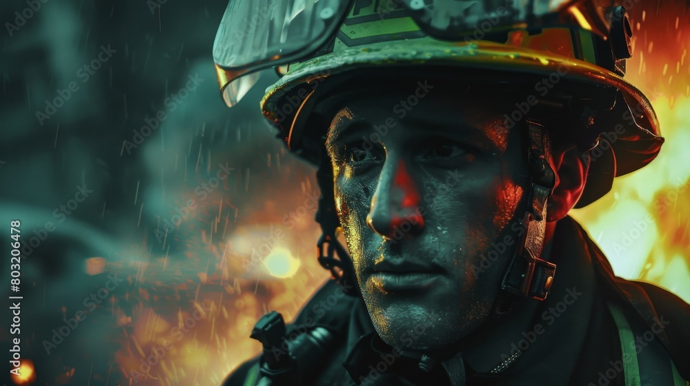 A man in a firemans helmet standing in front of a fire A man in a firemans helmet standing in front of a fire