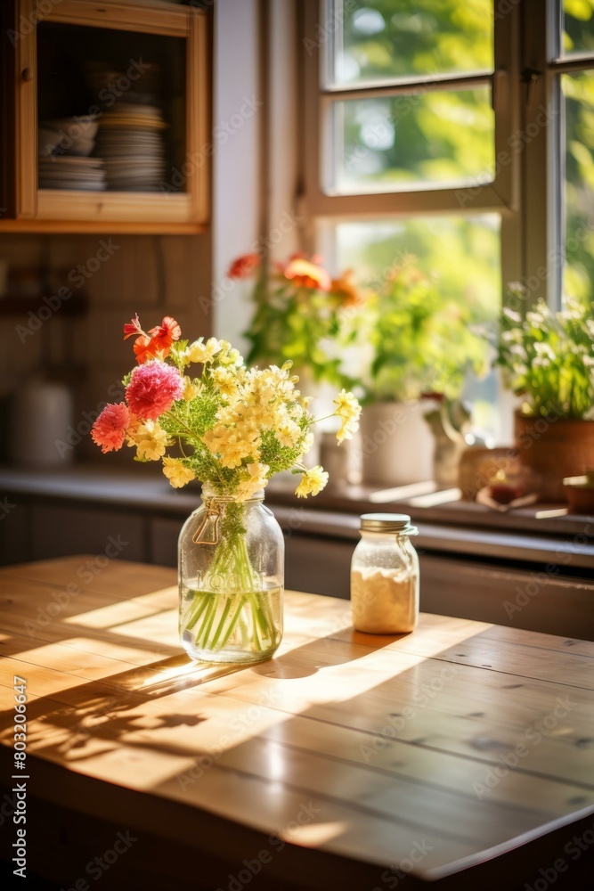 A beautiful bouquet of flowers sits on a wooden table near a window. A beautiful bouquet of flowers sits on a wooden table near a window.