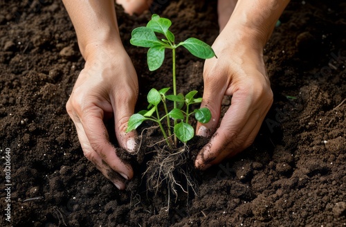 A pair of hands planting an unformed seedling into rich soil, symbolizing the beginning and growth process in nature photo