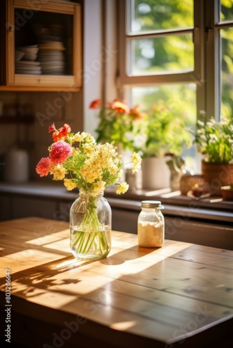 A beautiful bouquet of flowers sits on a wooden table near a window.