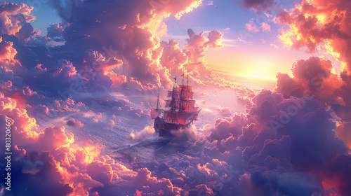 A large ship sails through a sky filled with clouds. The sky is a mix of pink and purple hues, creating a dreamy and romantic atmosphere