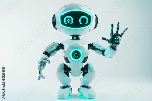 friendly little robot waving hello on white background futuristic technology concept