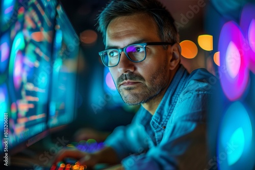 Male software engineer wearing glasses looking at computer screens