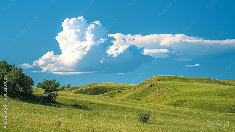 Obraz premium Green rolling hills under a blue sky with white clouds