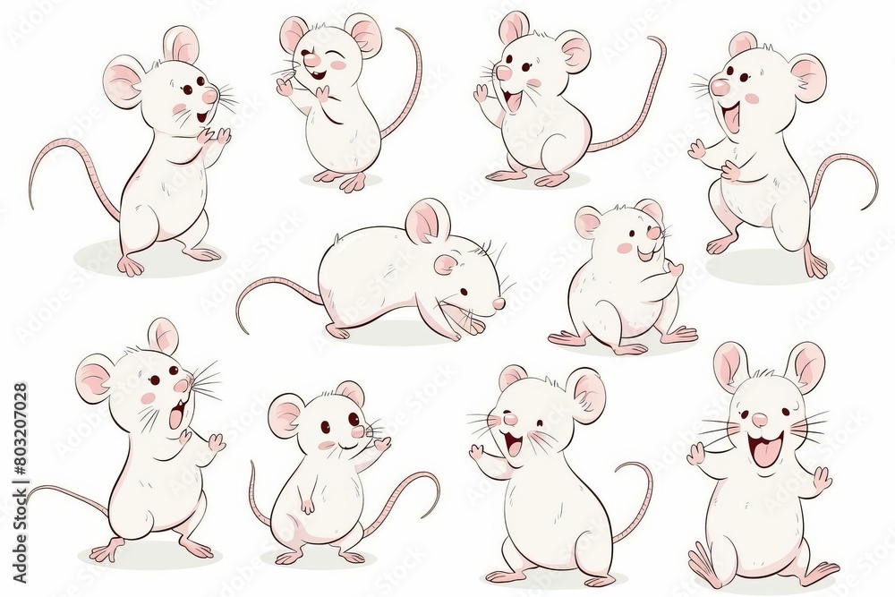 funny white mouse characters in various poses and activities cute animal doodle illustration set