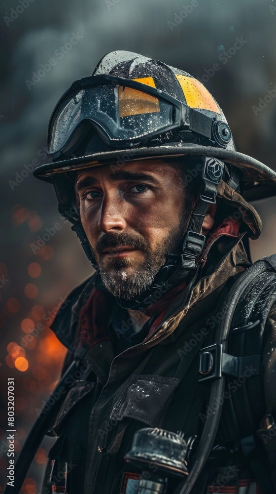 A man in a firefighters uniform pointing at something A man in a firefighters uniform pointing at something