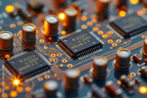 Close-up of an electronic circuit board with orange glowing capacitors and resistors photo