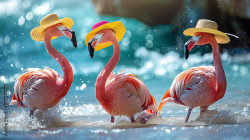 A trio of flamingos adorned in beach attire, gracefully wading in shallow waters while sporting stylish beach hats. photo