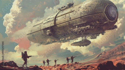 Digital painting of a futuristic military squadron deploying from a steampunk airship in a surreal, vibrant landscape, textures detailed photo