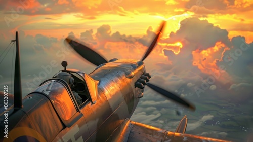 Mixed Media Art combining WWII era fighters with surreal  magical realism skies  creating a unique  historical and dreamy narrative