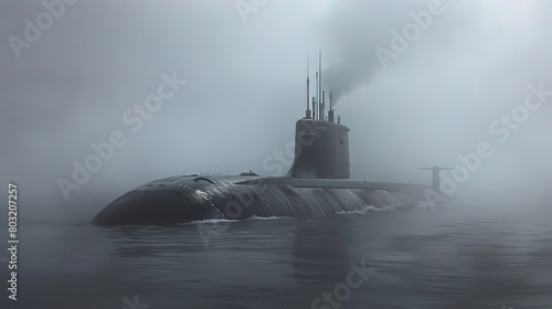 Photorealism of a submarine emerging from misty waters, depicted in a hyperrealistic style with meticulous attention to detail and subtle lighting