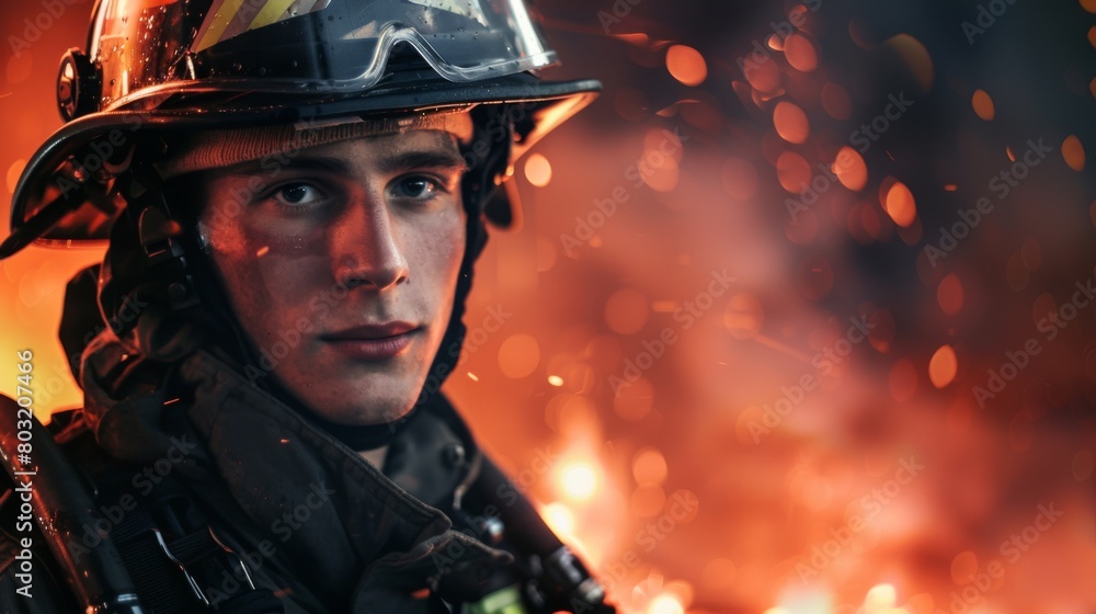 A man in a firefighters helmet stands in front of a fire A man in a firefighters helmet stands in front of a fire