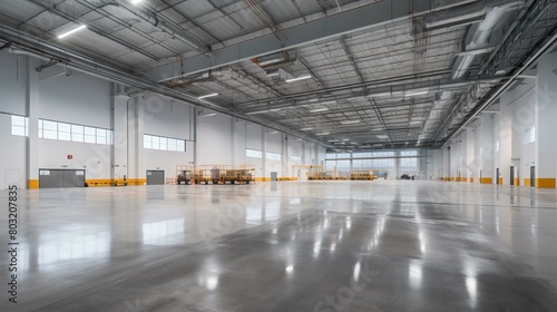 Large modern empty warehouse interior with shiny concrete floor