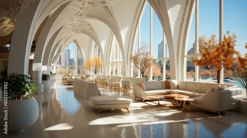 Modern bright sunlit hotel lobby interior with large windows