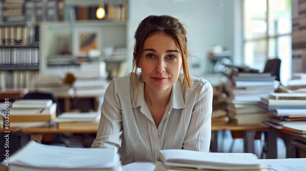 Fototapeta premium Confident Young Professional Woman at a Modern Workspace. Studious Ambiance in a Bright Office. Casual Business Style. Engaged in Work. Thoughtful and Focused. AI