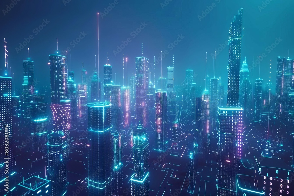 futuristic holographic 3d city with binary code network abstract architectural background