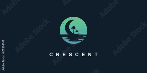crescent night with palm tree modern flat clean minimal logo premium vector