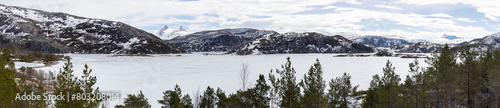 panoramic shot of lake Valnesvatnet in April in Nordland county, Norway
