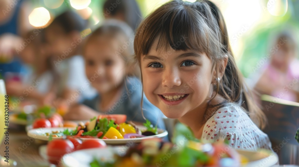A cheerful young girl smiles at the camera with a healthy lunch in front of her, surrounded by classmates.