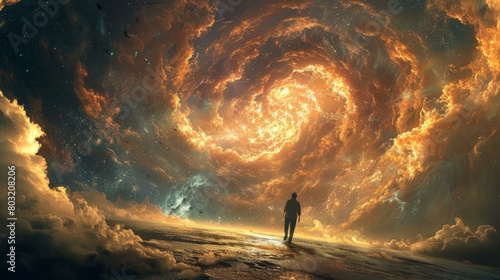 Man walking towards a portal in the sky