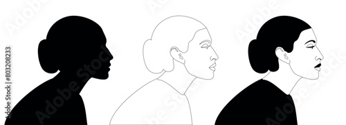A young woman from North Africa or the Middle East in profile. Vector black and white illustration. Head and shoulders side view. Three variants of a female portrait, silhouette, line graphics
