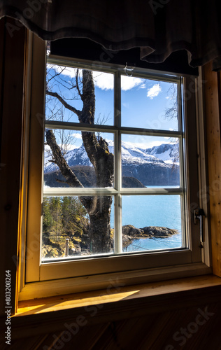 Obraz na płótnie View from a window to the Holandsfjorden and Svartisen glacier in Nordland County, Norway w salonie