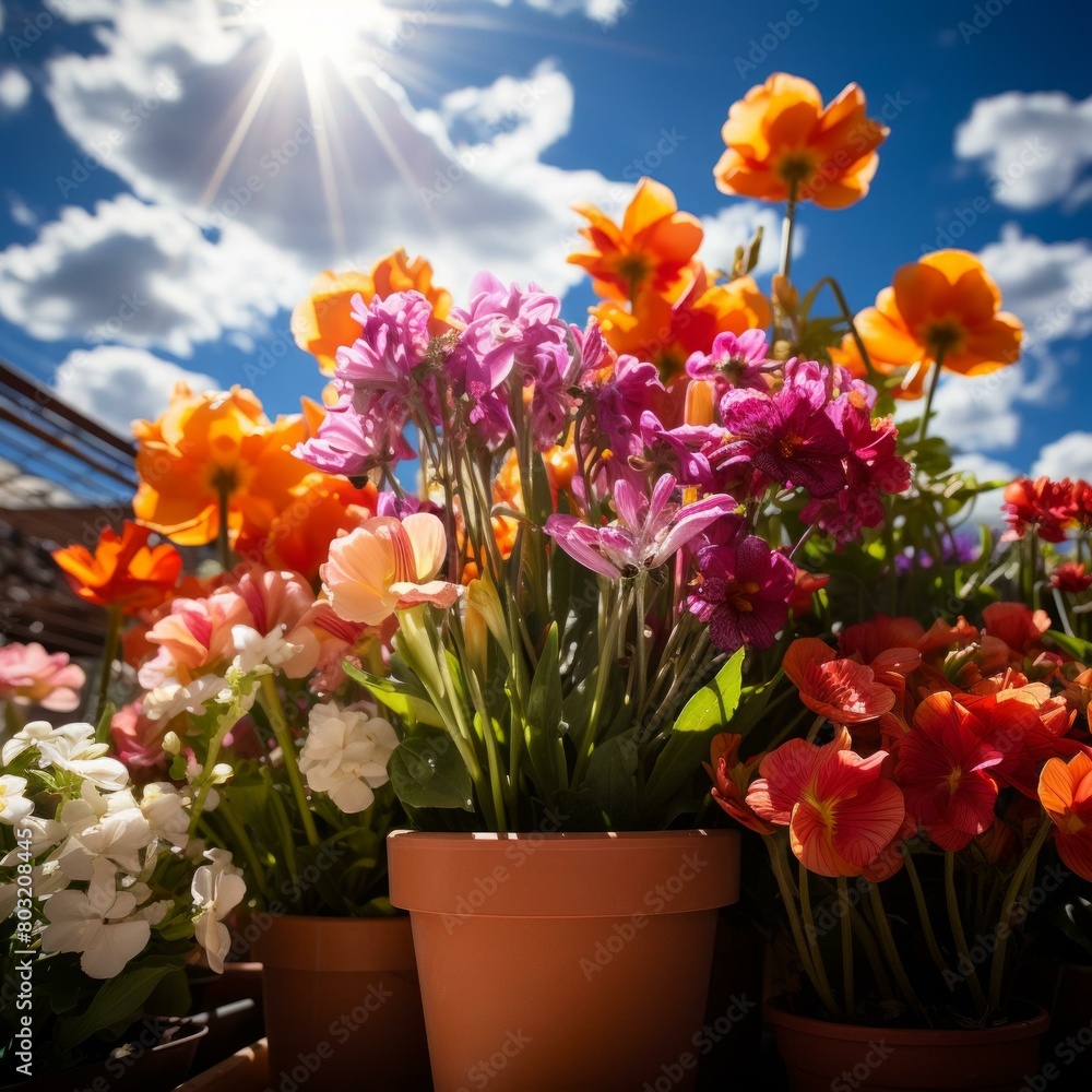 A variety of flowers in pots bask in the sunlight A variety of flowers in pots bask in the sunlight