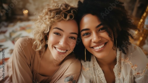 Two young women of different ethnicities smiling at the camera
