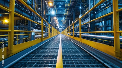 The long yellow walkway in the middle of a blue industrial building