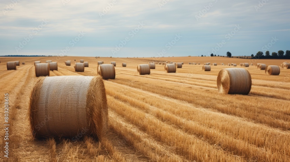 Field of hay rolls under blue sky
