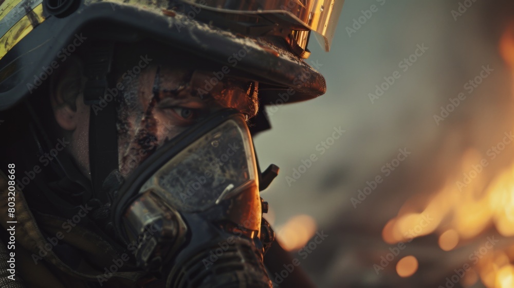 Fototapeta premium A man wearing a gas mask holding a fire extinguisher