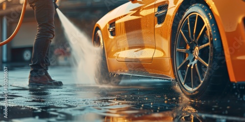 A person is cleaning a bright yellow car using a hose, scrubbing off dirt and grime under the sunny sky