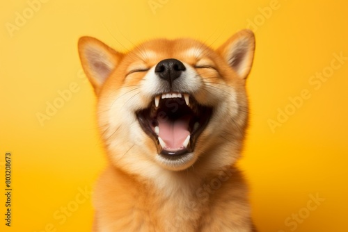 A happy Shiba Inu dog with its mouth wide open photo