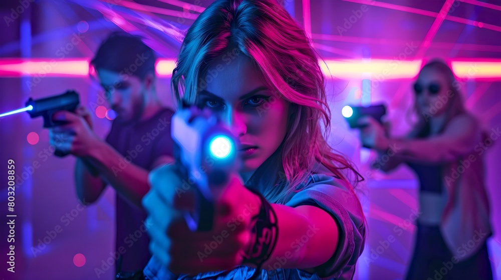 Action-packed scene with armed characters in neon lighting. Intense standoff vibe. Futuristic action movie style photography. Perfect for thriller projects. AI Action-packed scene with armed characters in neon lighting. Intense standoff vibe. Futuristic action movie style photography. Perfect for thriller projects. AI