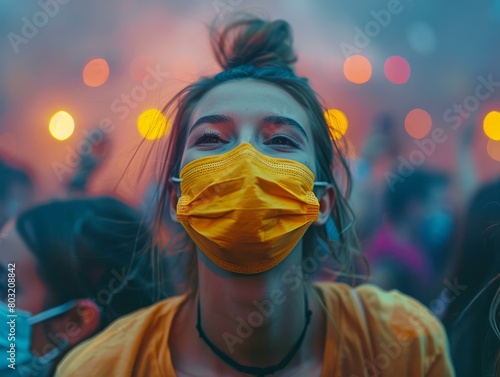 Close-up portrait of a young woman wearing a yellow mask