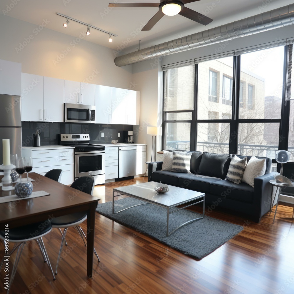 Fototapeta premium A modern living room with a dining table and a sofa