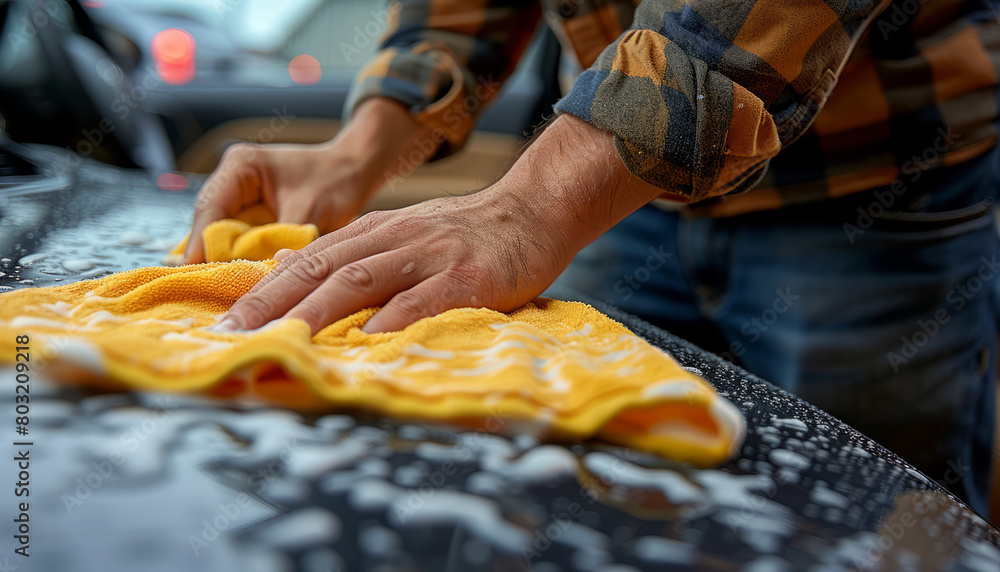 A man is cleaning a car interior with a yellow microfiber cloth,generative ai A man is cleaning a car interior with a yellow microfiber cloth,generative ai