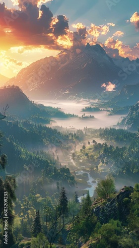 Fantasy landscape with mountains, river and fog photo