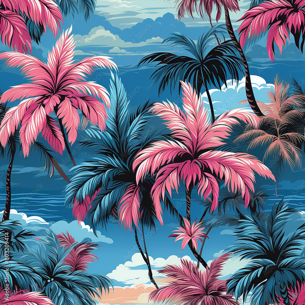 Beautiful vintage floral pattern background. Landscape with palm trees