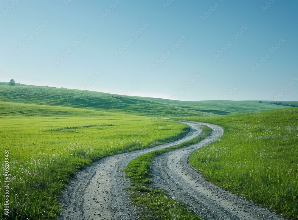 Scenic view of a rural road through a lush green field