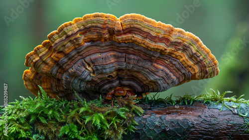 A magazine cover photo featuring a large brown Ganoderma lucidum (reishi mushroom) situated on an isolated branch covered with moss.generative ai photo
