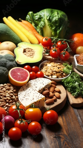 A variety of vegetables  fruits  nuts  and seeds are arranged on a wooden table.