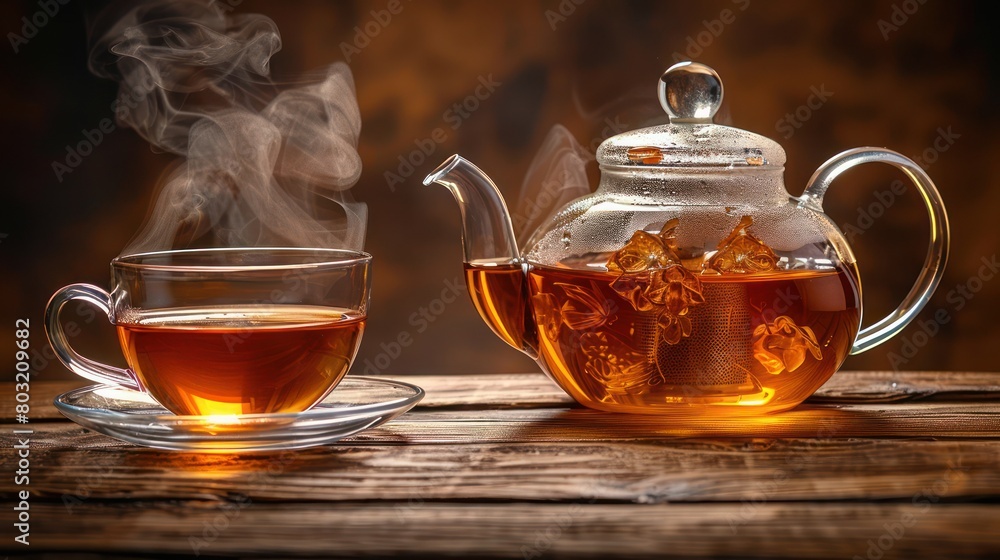 Glass Teapot and Tea Cup on Table Glass Teapot and Tea Cup on Table