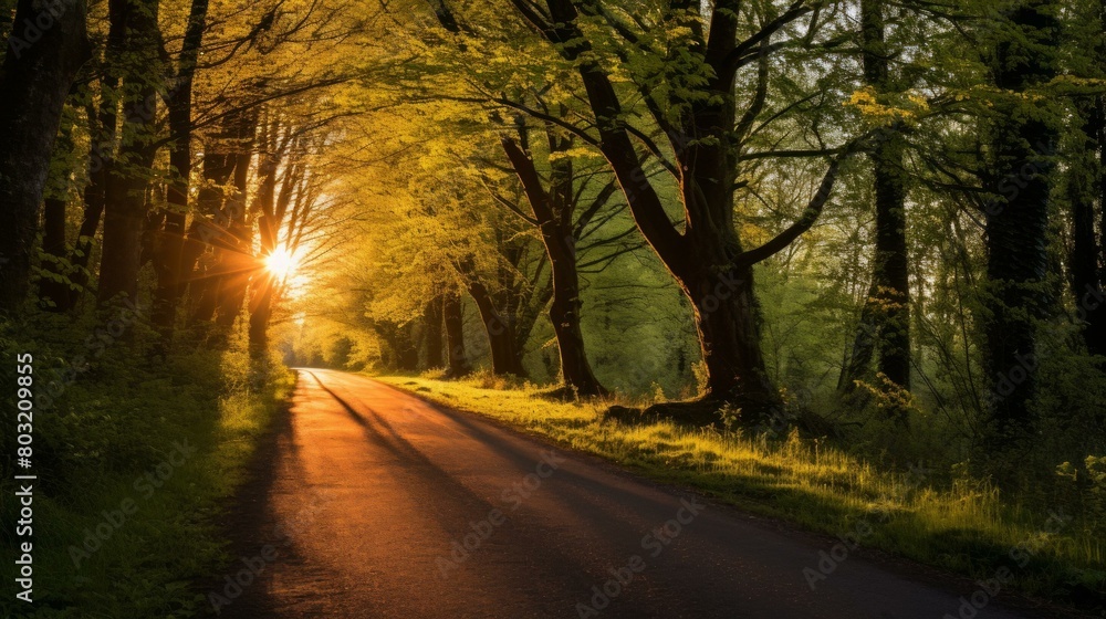 Country road through a sunlit forest