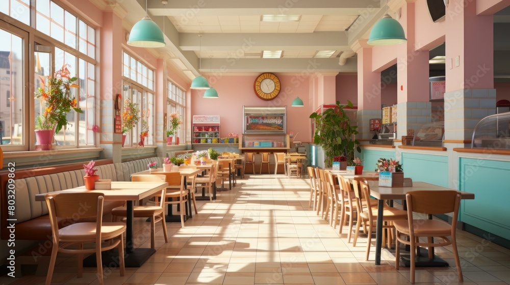 Pink Retro Diner Interior With Large Windows